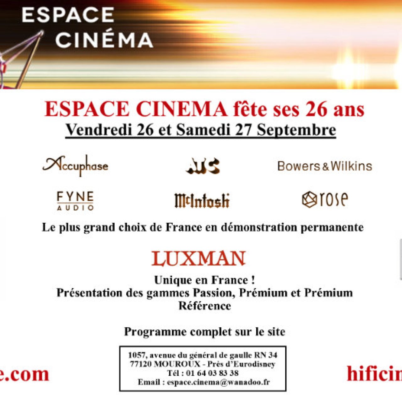 Espace Cinéma fête ses 26 ans, les 26 et 27 septembre à Mouroux (77, Seine-et-Marne)