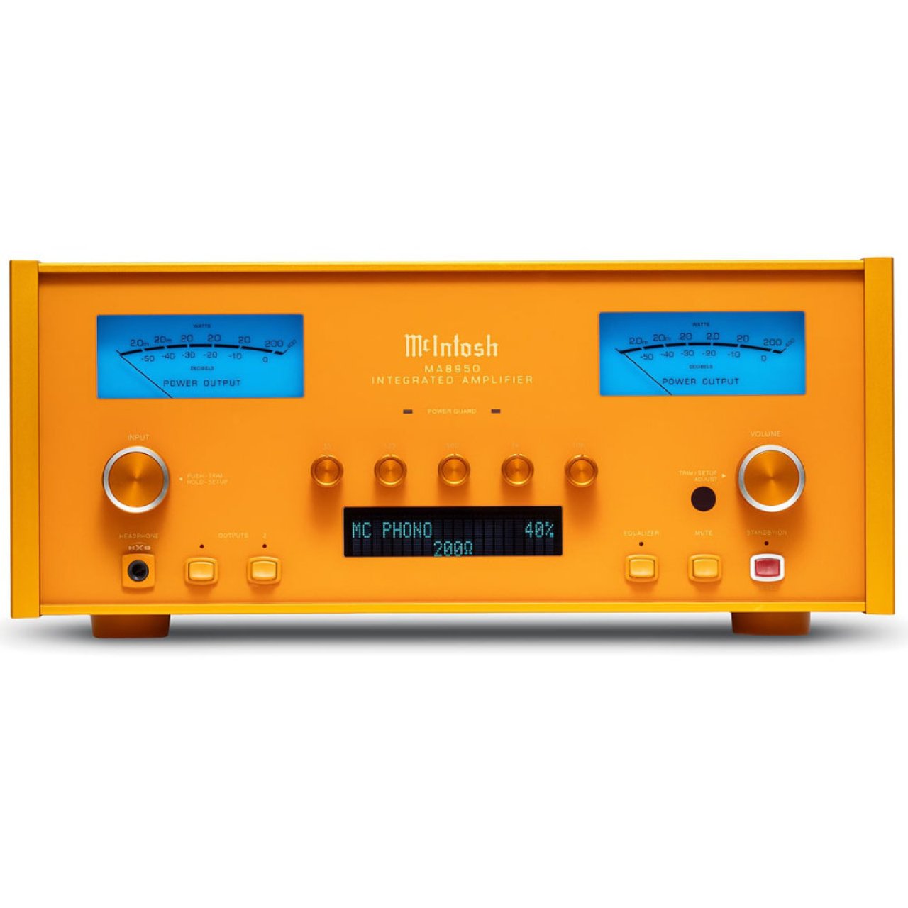 McIntosh x Virgil Abloh MA8950 : un ampli stéréo jaune-orangé, aux vumètres bleus, en hommage au styliste de Louis Vuitton